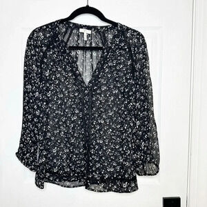 JOIE 100% Silk Black White Floral Button Down Blouse Size‎ XS